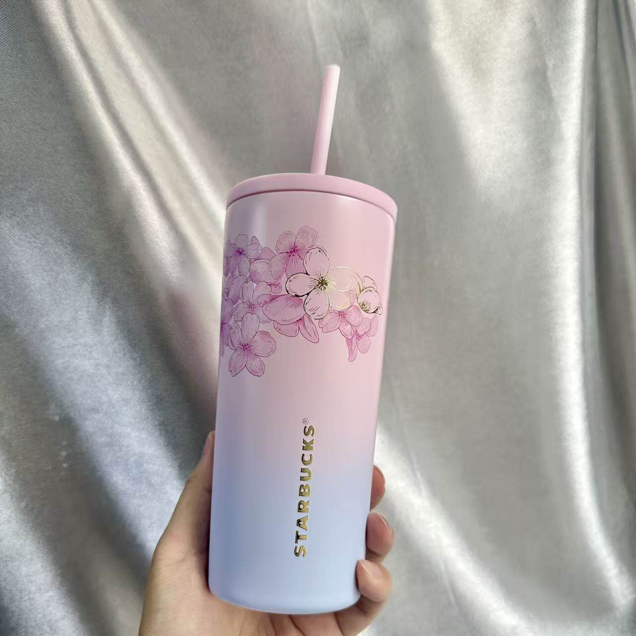 星巴克樱花渐变不锈钢吸管杯