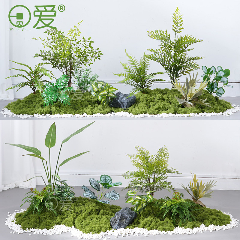 彷真绿色植物造景室内楼梯下假植物盆栽堆景蕨类波斯景观装饰落地