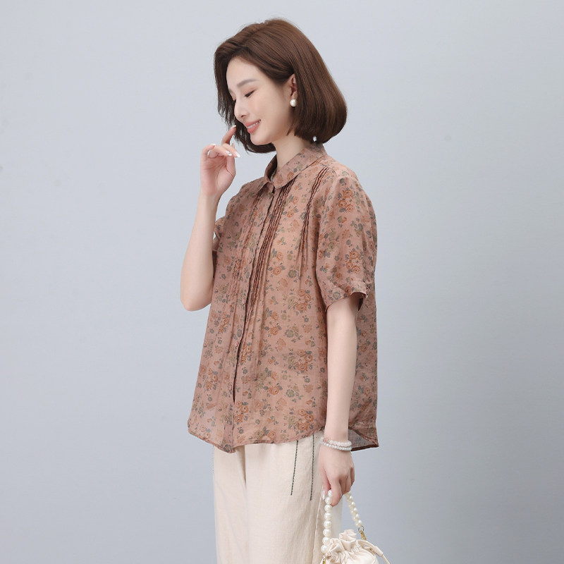 时尚印花高端上衣苎麻翻领衬衫女,女装衬衫,3200格调