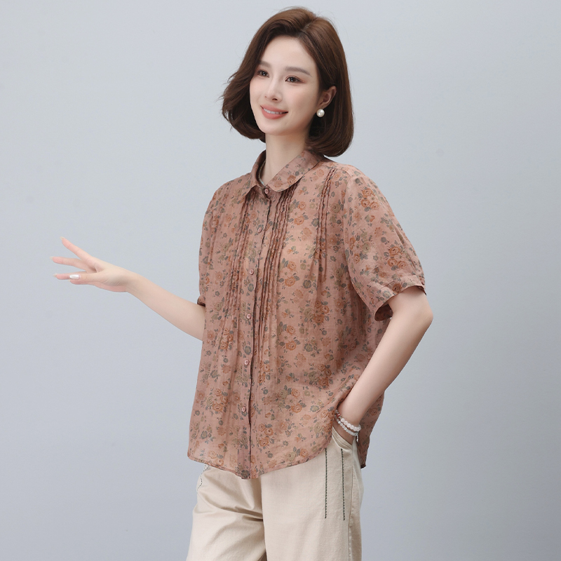 时尚印花高端上衣苎麻翻领衬衫女，女装衬衫，3200格调