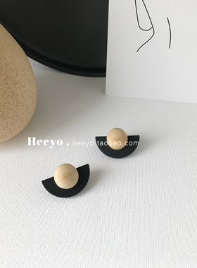 heeyo 曼城旧事/ 小众简约气质黑色木质耳环耳夹ins复古耳钉耳饰