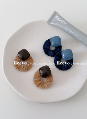 heeyo 桑德日记/ 秋冬复古绒面圆圈银耳钉耳夹撞色文艺简约耳环女