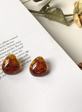 heeyo 琥珀氤氲/ 日常半透明树脂银耳钉复古简约玳瑁色耳夹耳环