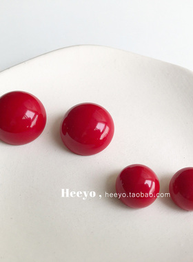 heeyo 樱桃红了/ 新年复古时髦大红色银耳钉气质简约圆形耳夹耳环