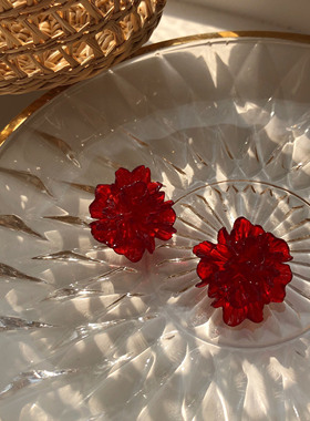 heeyo 复古玫瑰/ 新中式甜美酒红花朵耳钉春节港风花瓣耳夹耳环