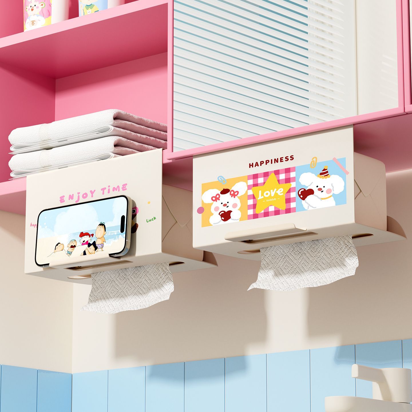 浴室镜柜下洗脸巾收纳盒卫生间倒挂纸巾置物收纳架卡通壁挂抽纸盒