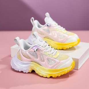 儿童运动鞋女童网面透气跑步鞋中大童轻便老爹鞋减震旋转纽扣童鞋