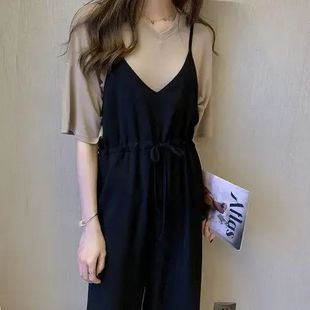 2025新款夏季薄雪纺垂感背带阔腿裤女士宽松显瘦小个子九分连体裤