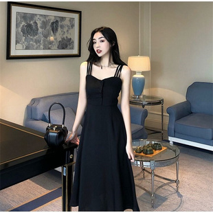 吊带连衣裙女夏2025年小黑裙法式茶歇复古桔梗过膝气质小个子长裙