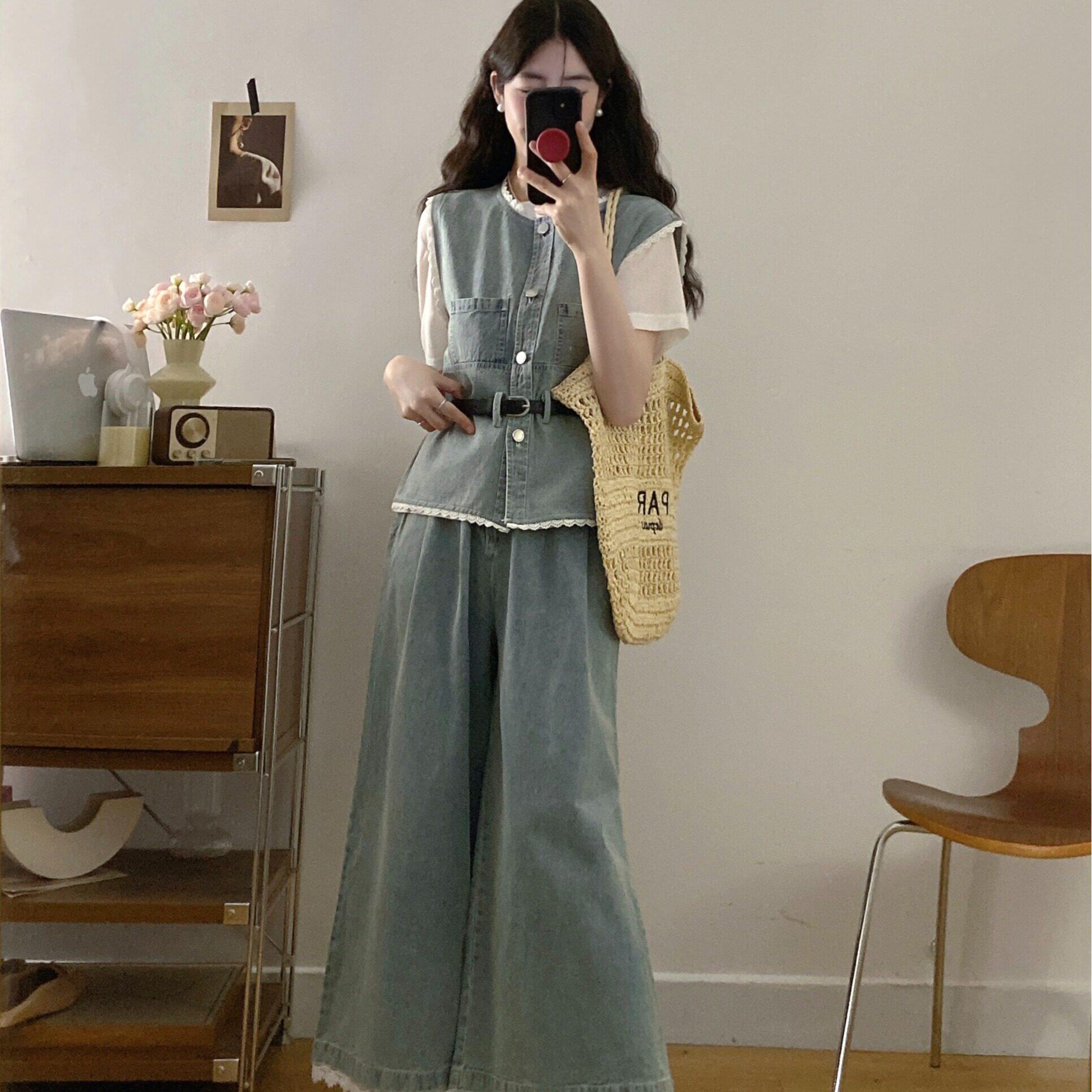 复古牛仔马甲短袖T恤阔腿裤三件套女夏大码高级感时尚显瘦套装裤