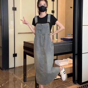 复古牛仔背带裙吊带连衣裙百搭女2025春夏新款胖妹妹薄款过膝超仙