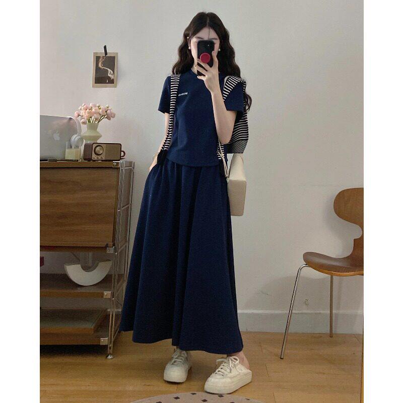 大码女装夏季搭配一整套微胖mm梨型显瘦休闲条纹拼接藏蓝色套装裙