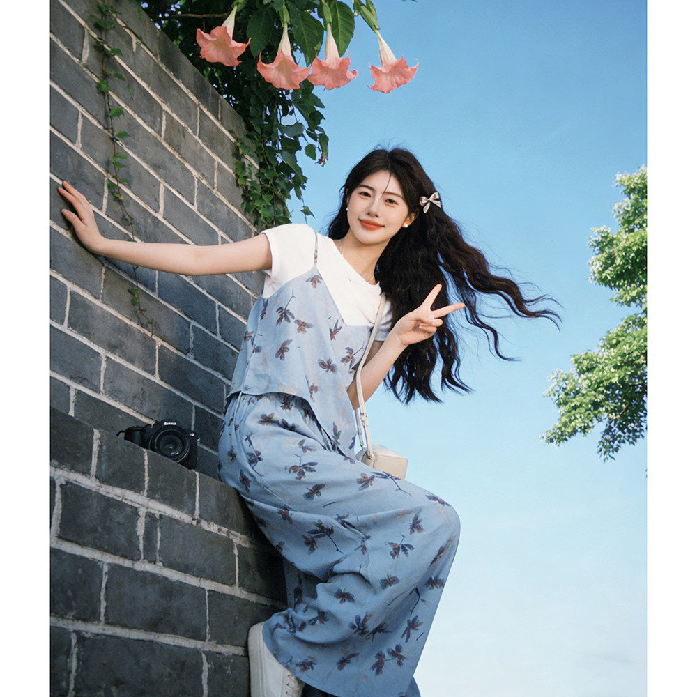 大码女装夏季穿搭胖mm时尚洋气假两件碎花吊带t恤阔腿裙裤两件套