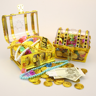 儿童玩具仿真海盗宝箱寻宝藏游戏道具珍珠项链钻石塑料假金币宝石