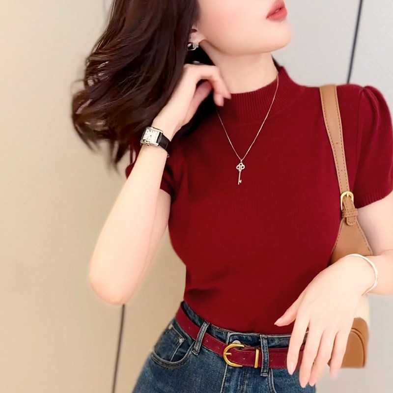飞姐定制秋装新款半高领短袖针织衫女气质泡泡袖修身显瘦上衣