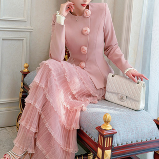 【新品9折】韩版立体花短外套网纱裙时尚套装高级感优雅风两件套