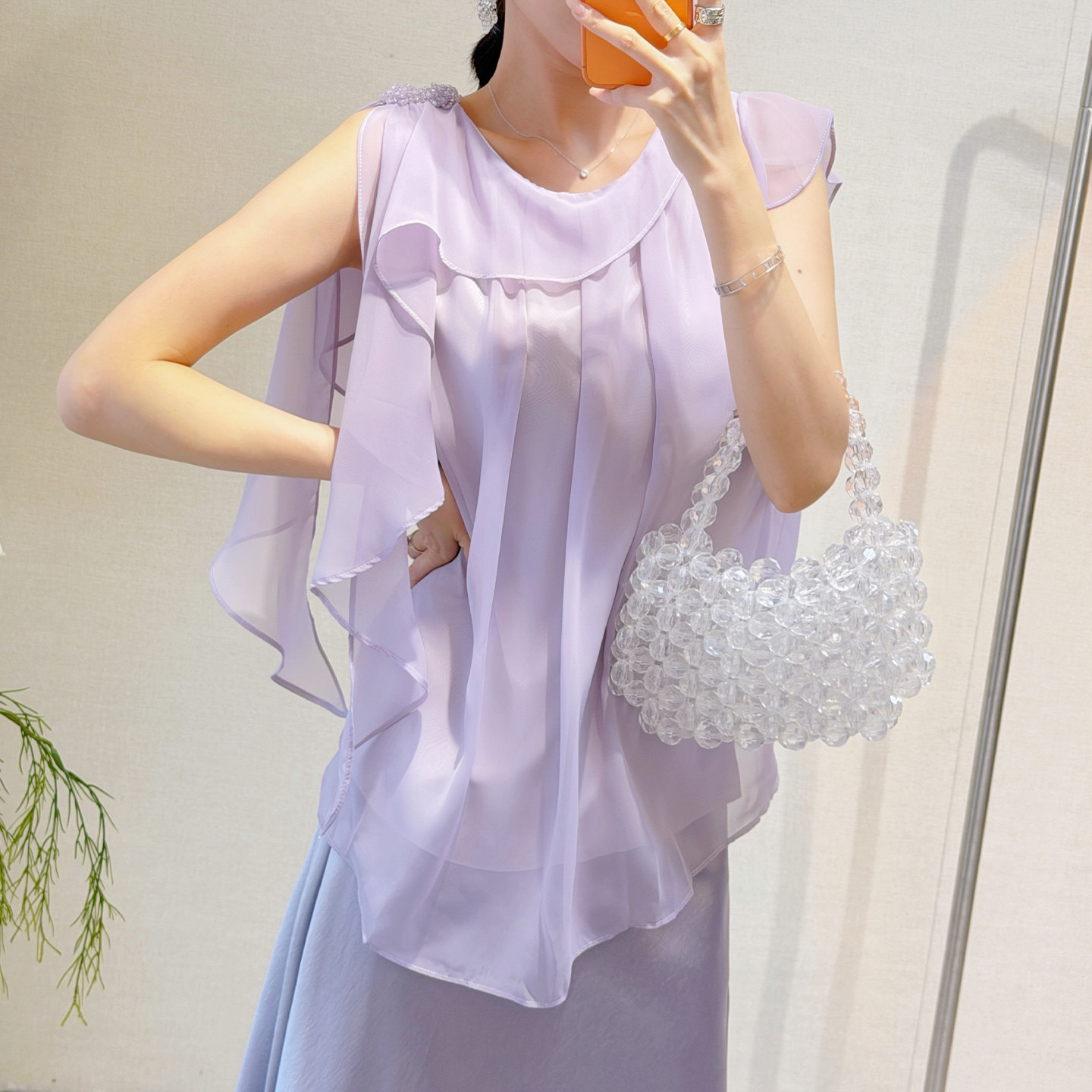 【新品85折】重工钉珠肩花雪纺背心双层荷叶飞袖飘逸仙气无袖上衣