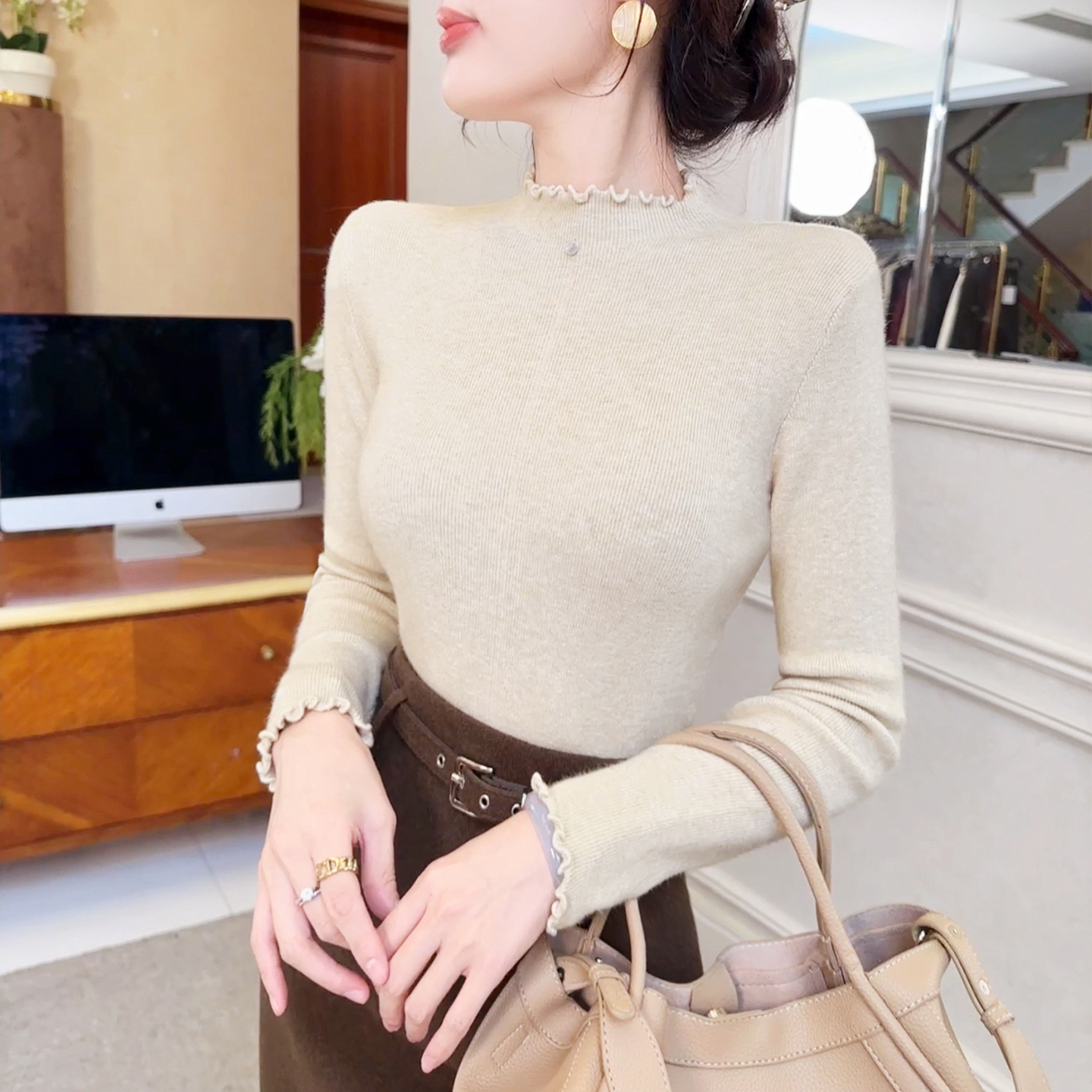 【新品9折】木耳边高弹针织衫女半高领百搭打底衫保暖上衣通勤