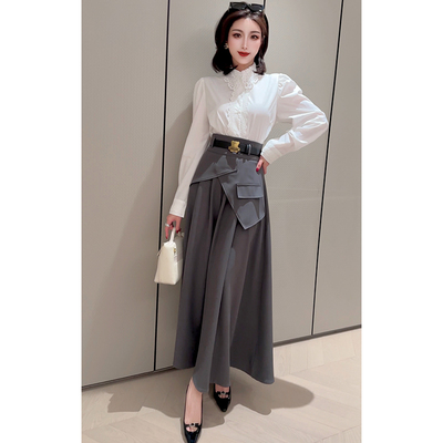 飞姐定制优雅白色蕾丝衬衫女高腰不规则A字裙通勤风两件套气质