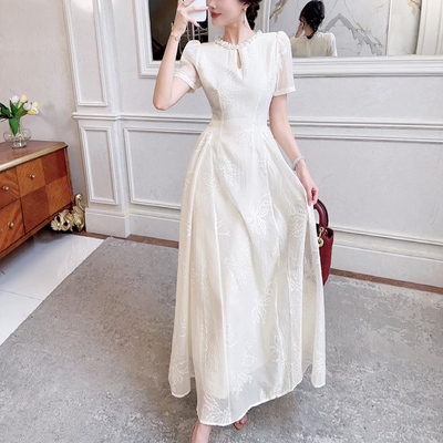 飞姐定制杏色绑带绣花短袖连衣裙 重工钉珠圆领收腰宽松A字裙