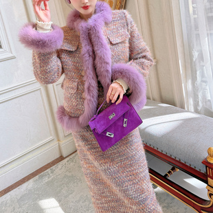 2025冬装韩版狐狸毛羽绒内胆小香风粗花呢套装短外套+半身包臀裙