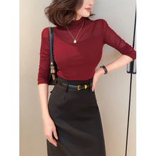 飞姐定制小高领网纱拼接长袖T恤女秋冬季纯色显瘦内搭打底衫上衣