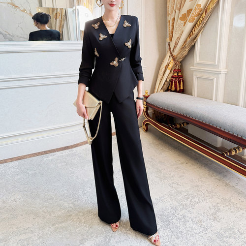 飞姐定制2026韩版重工钉钻短外套直筒裤时尚套装高级感OL风两件套