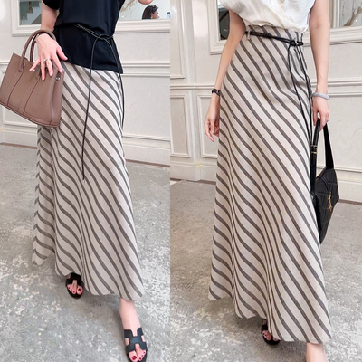 飞姐定制韩系高腰复古斜条纹半身裙气质显瘦A字长裙配腰带