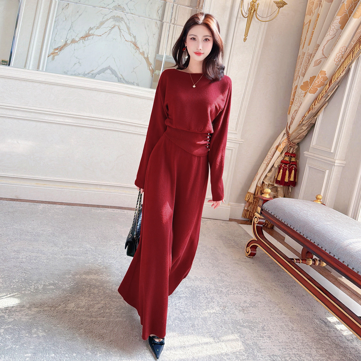 【新品9折】韩版时尚针织套装一字领蝙蝠袖收腰上衣+半身裙两件套,女装/女士精品,时尚套装,淘宝优惠券,粉丝福利购,淘宝优惠卷