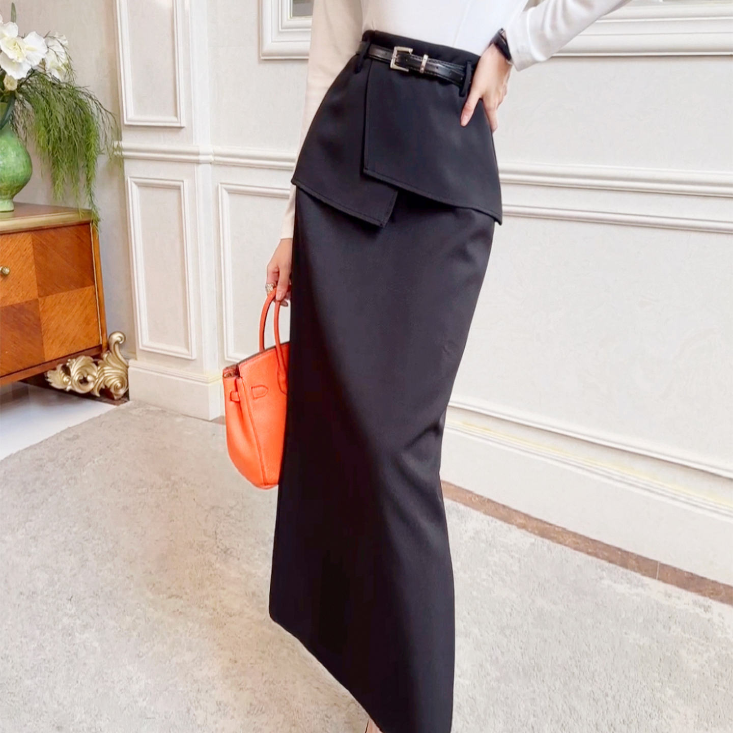 【新品9折】高腰休闲百搭半身裙不规则屁帘假两件设计西装包臀裙