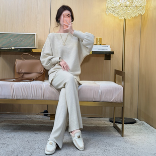 【新品9折】韩版时尚针织套装一字领蝙蝠袖上衣+高腰裙裤两件套