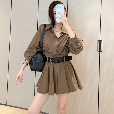 飞姐定制咖色气质长袖翻领衬衫连衣裙女绑带收腰压褶A字短裙