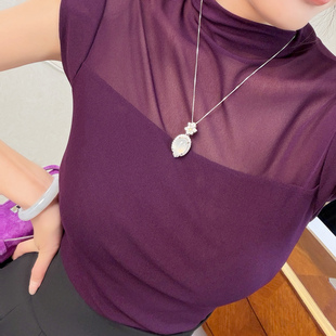飞姐定制2026洋气网纱女士短袖T恤女夏 透视半高领内搭打底衫上衣