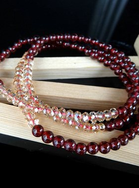巴西多圈酒红石榴石韩版三层手串