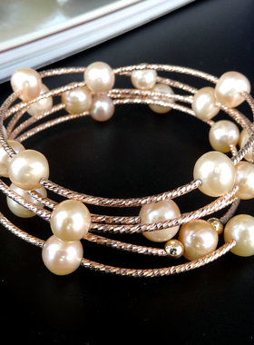 韩版首饰品纯天然淡水珍珠手链手串女S925银手镯多层圈情人节生日