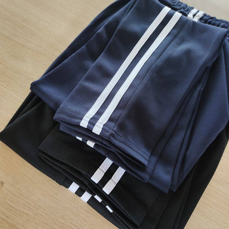 校裤两条杠双白条运动裤初中高中薄款宽松小学生直筒藏蓝色校服裤
