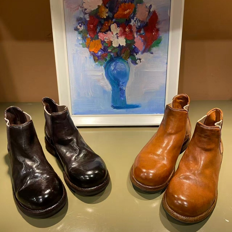 2025秋新品欧货水洗马皮厚底切尔西靴女圆头平跟低跟英伦风女短靴