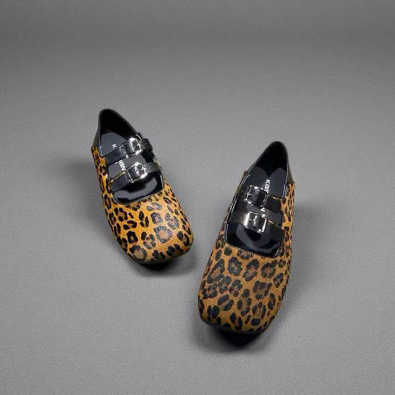 2025秋新品欧货豹纹马毛英伦复古玛丽珍鞋女浅口圆头平底软底女鞋