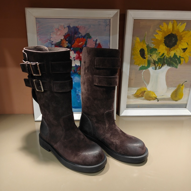 卡斯丹2025秋欧货新款牛皮厚底中靴女圆头粗跟机车骑士靴休闲单靴