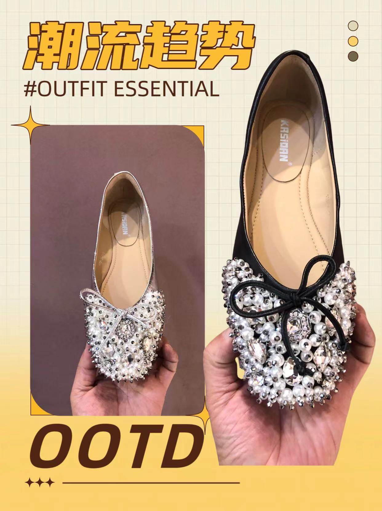 卡斯丹2024秋季新款女鞋舒适软底水钻圆头平底鞋羊皮欧货浅口单鞋