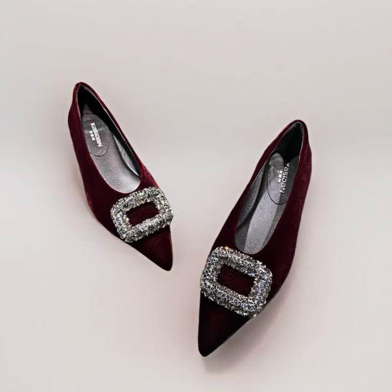 欧洲站2025欧货新品丝绒方扣水钻单鞋女小跟浅口舒适百搭坡跟女鞋