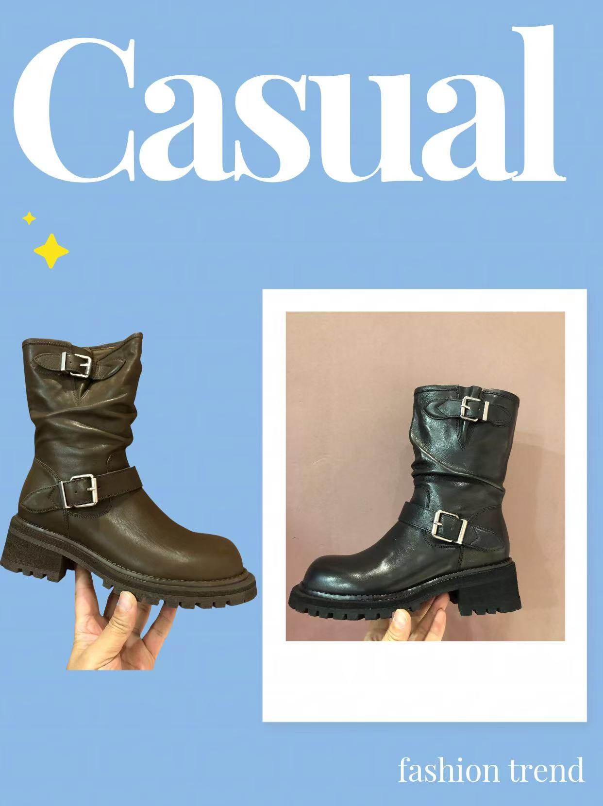 2024秋冬欧货新款胎牛皮厚底女靴骑士靴双扣中筒设计侧拉链短靴