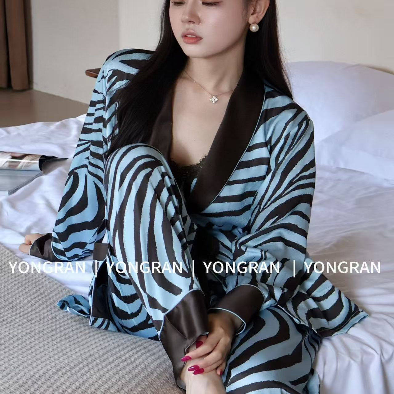 雍然实体店正品三件套睡衣YONGRAN南韩丝吊带睡袍长裤斑马家居服