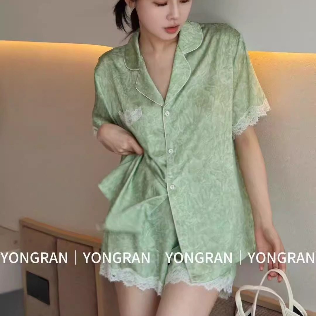 雍然实体店短袖短裤睡衣女士YONGRAN南韩丝冰丝薄荷绿清爽家居服