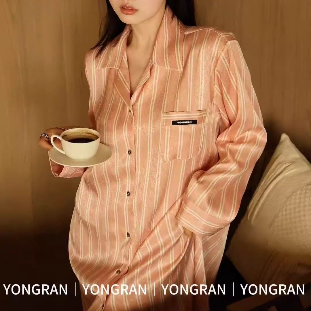 雍然YONGRAN翻领开衫衬衫粉色条纹睡裙南韩丝冰丝绸睡衣女家居服