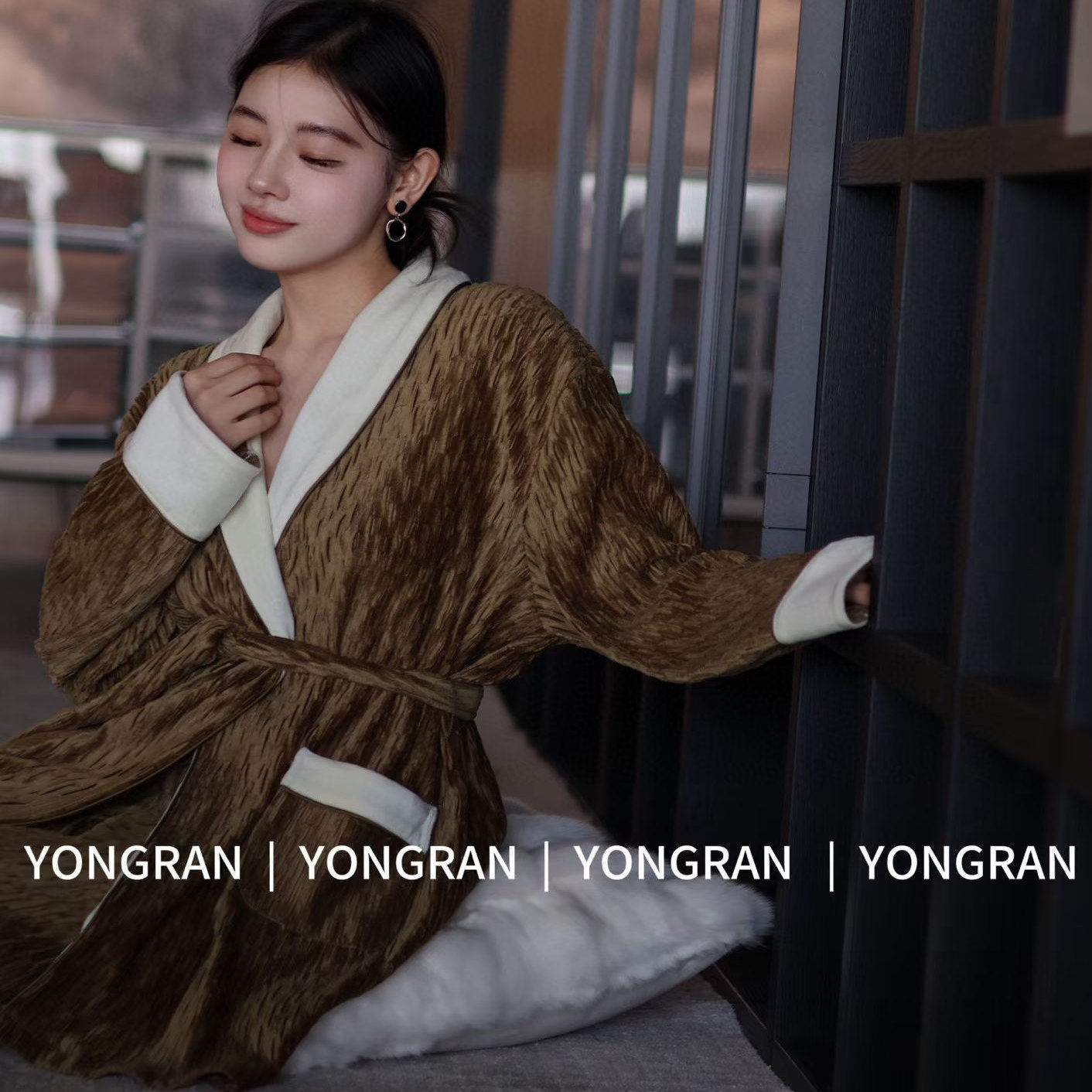 雍然实体睡衣褶皱绒2025冬薄绒睡袍长裤保暖高级系带家居服实体店