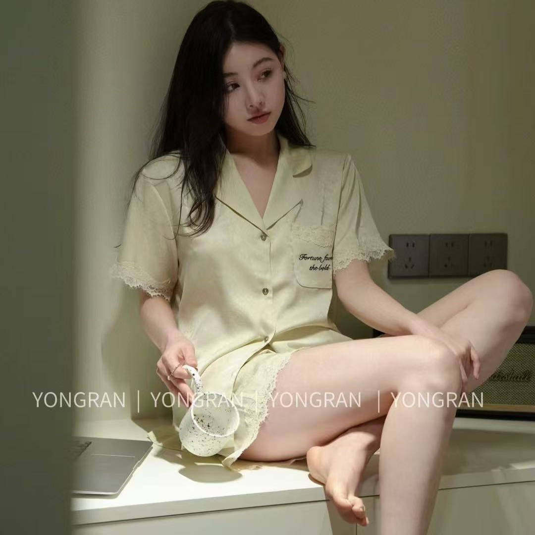 雍然原创正品睡衣女士YONGRAN南韩丝冰丝外穿套装香槟米杏家居服