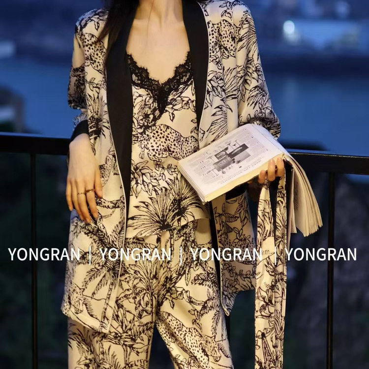 雍然实体店正品三件套睡衣YONGRAN南韩丝吊带睡袍长裤冰丝家居服