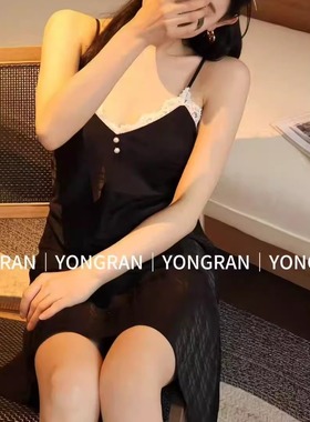 雍然YONGRAN小黑裙小吊带白色蕾丝边黑色睡裙南韩丝冰丝绸睡衣女