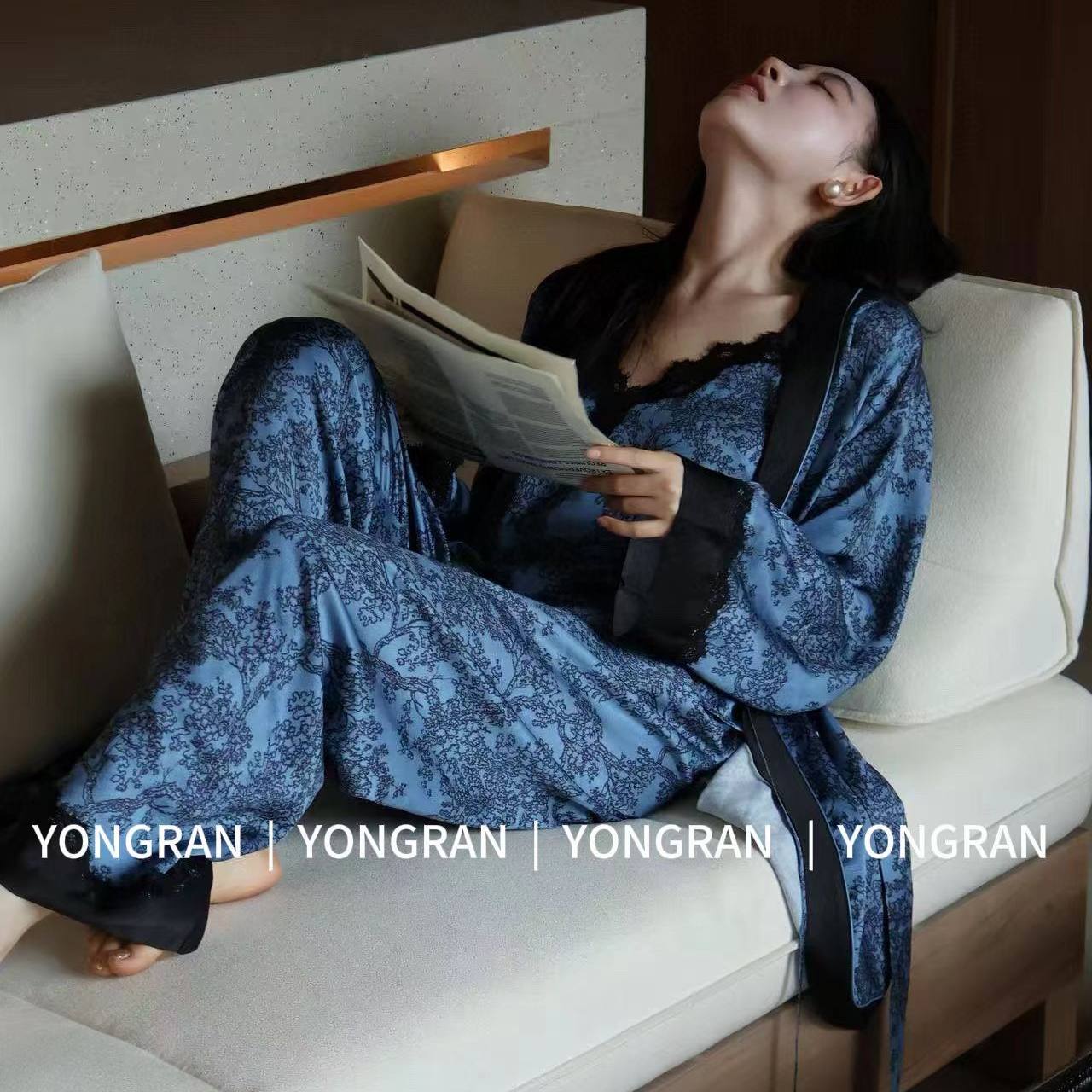 雍然小香风三件套睡衣女南韩丝暗纹蕾丝边吊带背心睡袍家居服实体